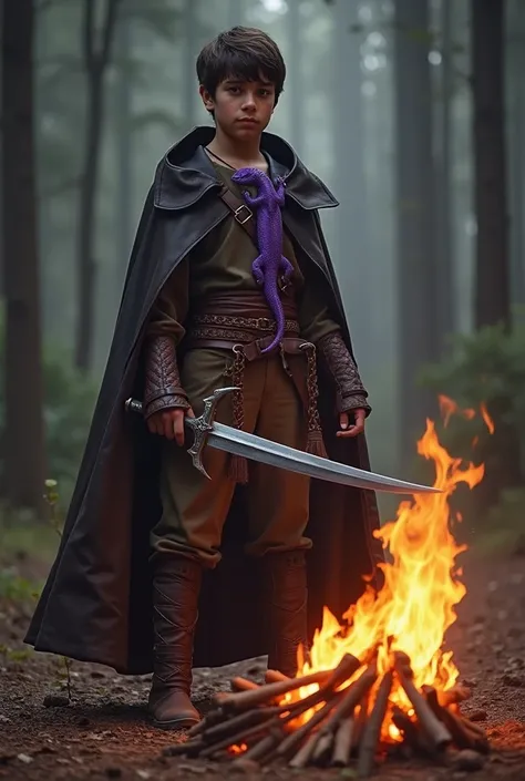  Create an image: A sixteen-year-old boy in a forest ,  he is dressed in a leather cape and basic pants from medieval times ,  he has a curved sword and his skin is brown and his eyes dark he is around a bonfire, Around the neck is a purple fire salamander