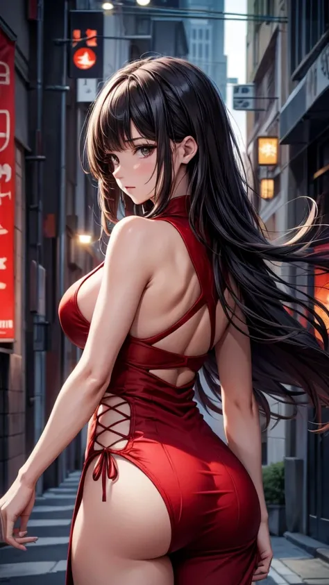 ((High quality, high resolution, Ultra HD)), (( A girl, red tight dress, back neckline, Japanese kanji tattooed on the back, close up, UnderButt, curved body, arched butt, vengeful look,  long black hair , round ass, rear view, low angle, scarlet eyes)), (...