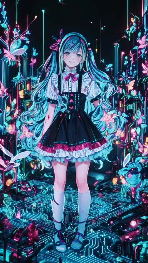 Tokyo ghoul style, woman, 22, Im wearing 2 pigtails on my long white wavy hair,  light blue bow accessory , white and baby blue  ****Tadres,  covered in blood splashes ,  White Knee High Socks ,  wearing 2 pigtails in the long white wavy hair of a toy rabb...