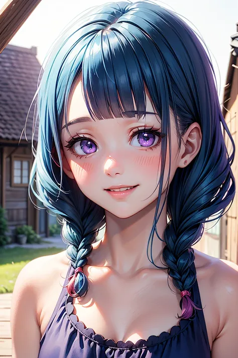 Masterpiece, ((1 girl)), ((Best Quality)), (Ultra-detailed), Highly detailed, (Portrait), ((Small breasts)), ((Medium Hair, Twin Braids, Light Blue hair, Purple eyes, Blunt Bangs, Sweep Bangs)), ((12-years-old, Short Girl, Young girl)), ((White Skin)), ((B...