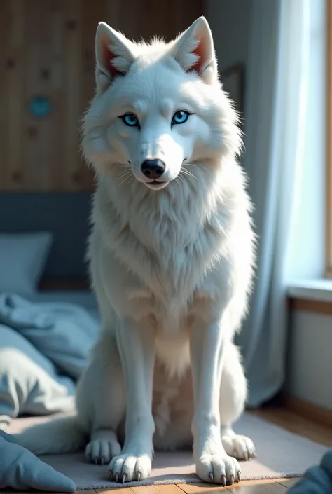    very beautiful big breasted anthropomorphic animated female white alpha  wolf   that is by herself standing  in the bedroom. looking right at the camera lens up close like a selfie on her face 
beautiful perfectly round blue wolf   eyes with perfect eve...