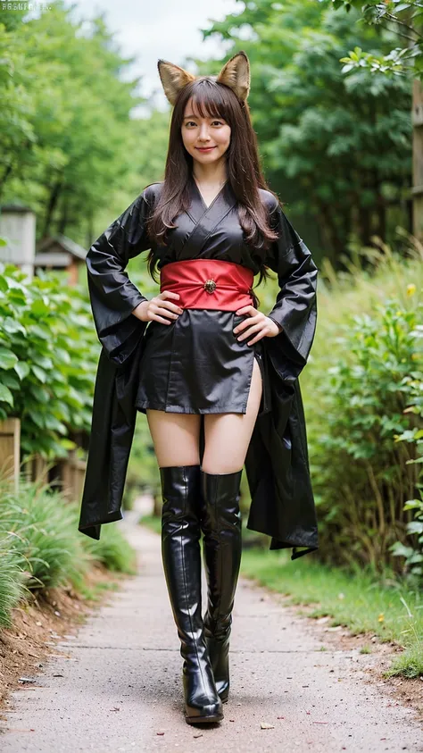 (8k、     RAW photos   、   top quality、masterpiece   :1.2)、(   realistic   、   realistic   )、1 person、(( fox ears、Long-sleeved kimono、 Miniskirt 、 see-through, black and red kimono、band、smile、tail、garden、 black long boots 、Thin legs、whole body、 Hands on her...