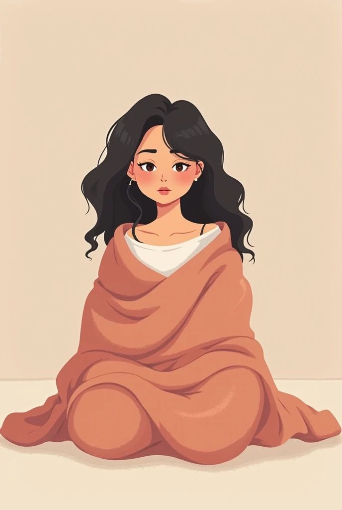 An illustration of a woman cartoon character, al cover with a blanket, only the face visible, sitting no the floor, flat and fine art, Pinterest style, she is on her period