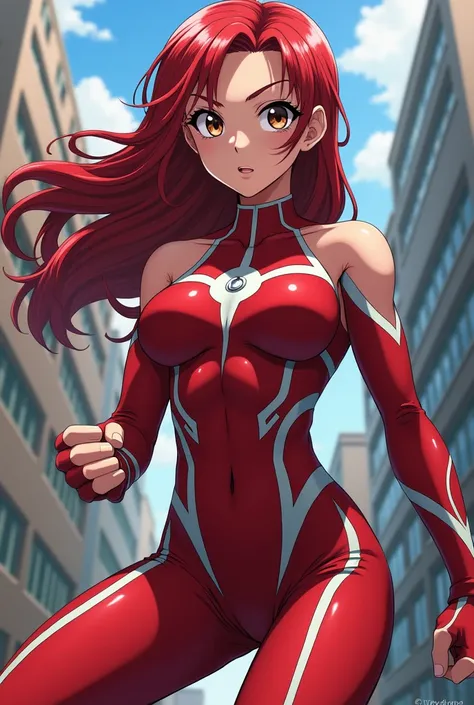 My Hero Academia Style , Anime girl, female, young female ,Full Body Shot,(fighting stance:1.3),Long hair, Red Hair,  Brown Eyes,Hero Suit, Full Body Suit, red suit with white details, perfect anatomy,  Toughened Abs,super detailed,(Buildings:1.2）