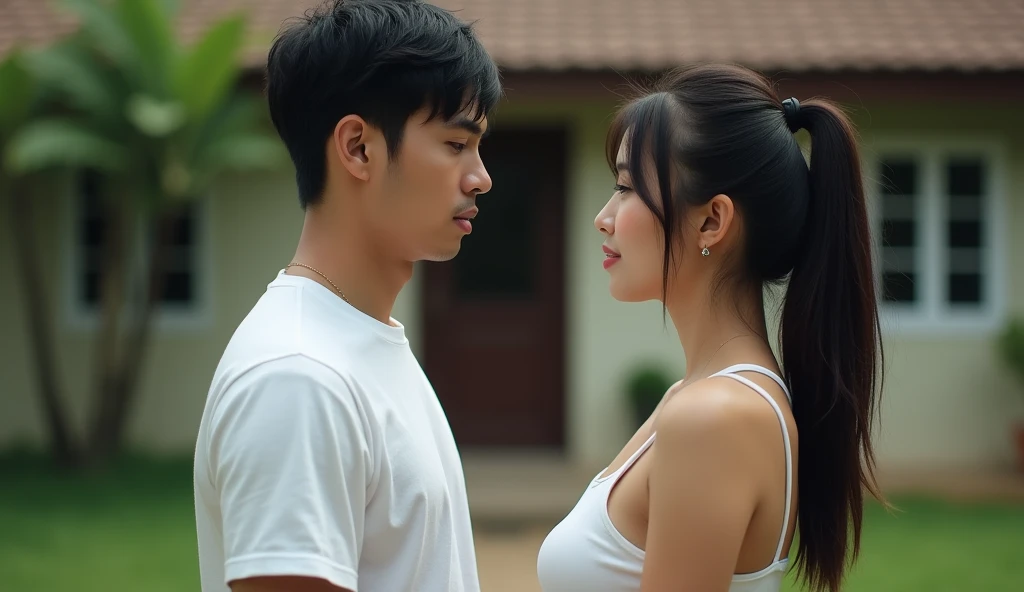 realistic photo, the best photographic masterpiece, handsome man about 25 years old from Indonesia, short black hair with bangs, wearing a white t-shirt, talking to a beautiful 25 year old woman from Sundanese, big breasts (1:3), long hair tied in a ponyta...