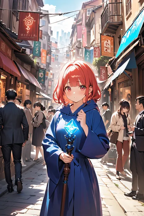 1 girl, (cute face), teenager, various hairstyles, (confused expression), (looking around in awe), medium breasts, slim, (wearing fantasy game style mage robe), floor length, with magical runes, (porcelain skin),  
BREAK  
Modern city street, bustling with...