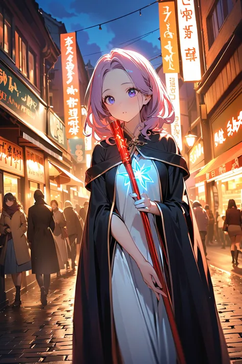 1 girl, (cute face), teenager, various hairstyles, (confused expression), (looking around in awe), medium breasts, slim, (wearing fantasy game style mage robe), floor length, with magical runes, (porcelain skin),  
BREAK  
Modern city street, bustling with...