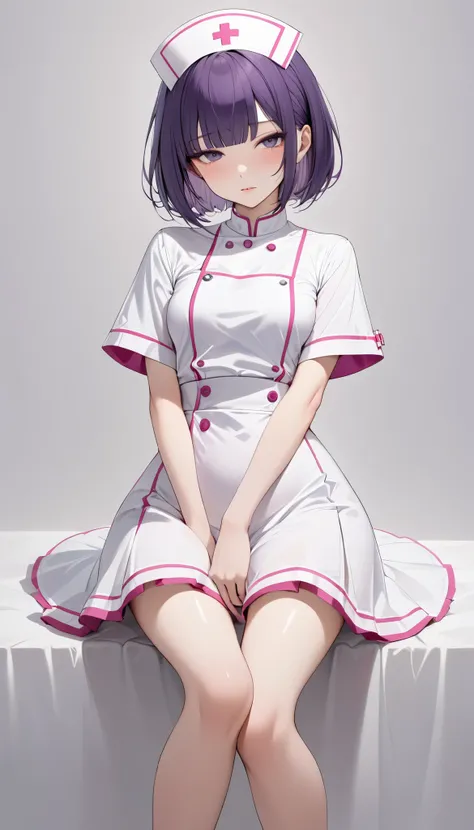 (( deep purple short bob cut)), (( white and pink nurse )),    top quality ,  very detailed, (half-closed eyes, sexual meanings)（Height: 160cm）、(( anatomically correct body))、（Small cute breasts:0.1）, （20-year-old woman）（A slim and healthy body） white back...