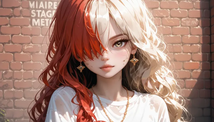 ультра реалистичное 8k cg, masterpiece, ((ultra detailed background, delicate pattern, complex part)), Best quality, complex parts, chromatic aberration, 1 girl, long hair, Golden hair, dirty hair, red highlights, hair over one eye, keen eyes, necklace, Br...