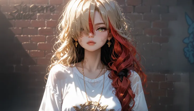 ультра реалистичное 8k cg, masterpiece, ((ultra detailed background, delicate pattern, complex part)), Best quality, complex parts, chromatic aberration, 1 girl, long hair, Golden hair, dirty hair, red highlights, hair over one eye, keen eyes, necklace, Br...