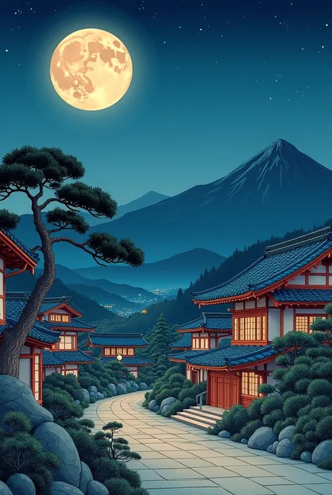 Japanese house painting under full moon,  Kawase Hasui depicting a full moon and Japanese houses under moonlight ,  Trending at Art Stations, Ukiyo-e, Japanese art style, 4K VERY DETAILED ART ,  4k high definition digital art , Detailed painting 4k, Japane...