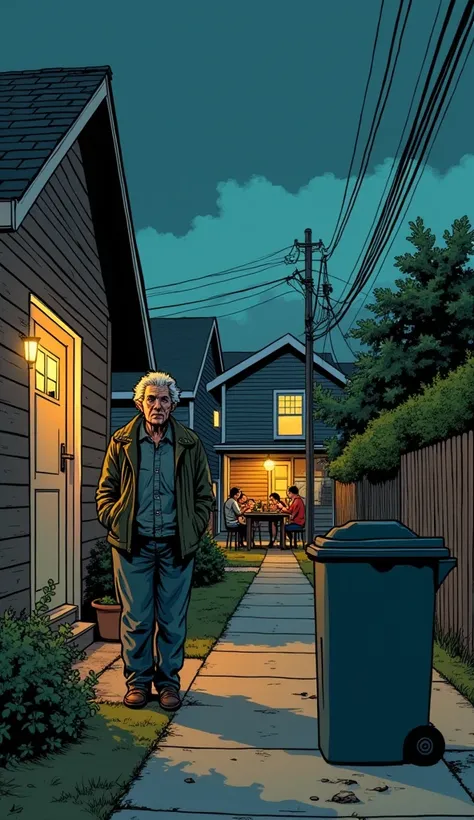  Comic book art style An elderly woman leaves home to throw garbage and notices a man in frayed clothes with his hands in his pockets in front of his illuminated house,  watches a family gathered at table ,  laughing and sharing dinner . She asks him to co...