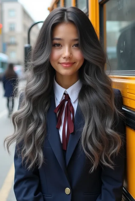 Extremely photorealistic A beautiful youthful looking J apanese version of Ariana Grande as a 50 years old w oman long curly comple tely hair in a big curls styles h er graying hair transition from jet black fading to dark gray at the ends, her hair comple...