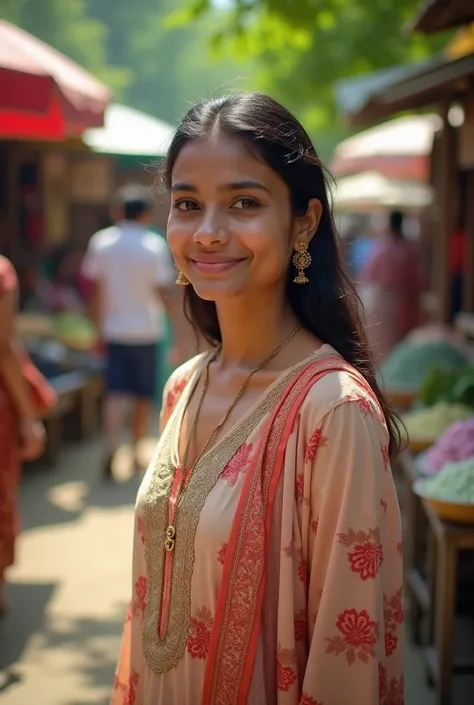 "A casual of a Bangladeshi woman wearing a simple kurti, standing near a street market, smiling warmly with soft sunlight. Background includes some greenery and blurred crowd."

