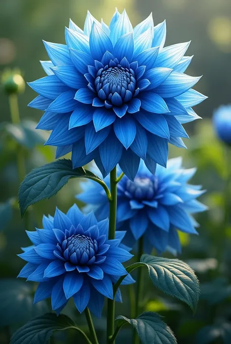 Beautiful and large dahlia plant with blue flowers