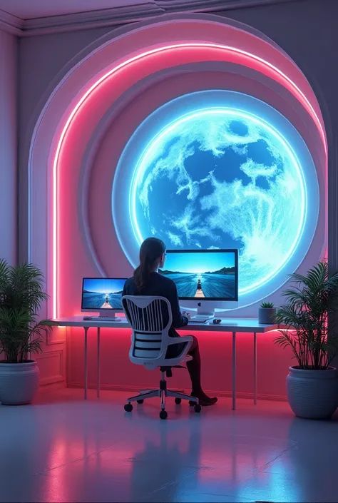  there is a computer desk with a monitor and a chair in front,  futuristic decor , futuristic space, Retro-futuristic apartment, futuristic space background,   futuristic looking living room  , futuristic architectural art, Desktopography, sci - fi interio...