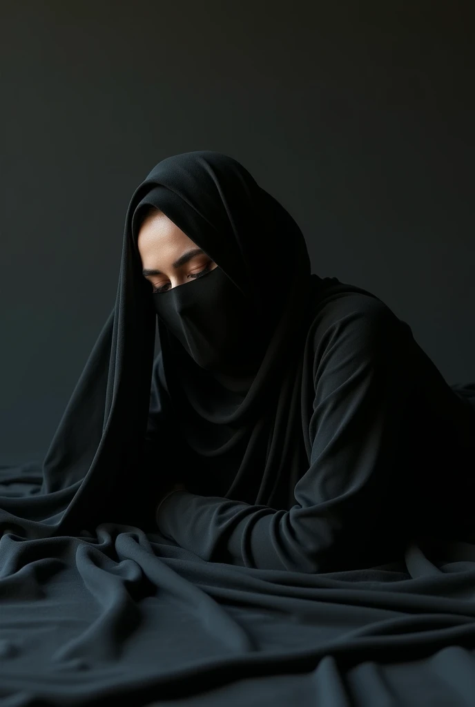 An arab woman is standing wearing a black abaya dress wearing a hijab her face is covered with a black veil, supine pose ,focus,8k,contrast 
