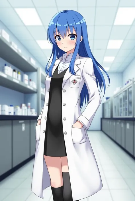 masterpiece,  Best Quality ,  high quality ,  high resolution, 1 Girl,  unique , Aqua (Konosuba), Blue Hair,  long hair,  blue eyes,  white shirt  ,Long white coat, black office dress, Over the knee socks, whole body,  permanent, Hands in pockets, Boring, ...