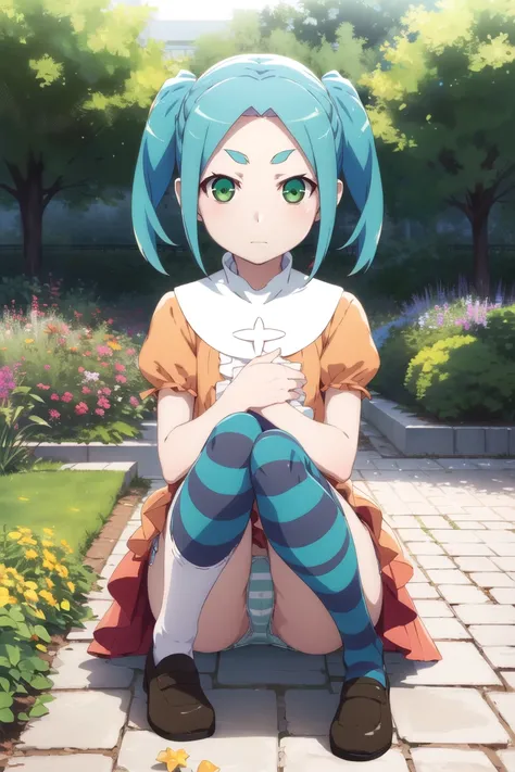  1 girl, Alone,  Watch viewers,
 striped pantyhose , blue and grey high socks,  dress, orange  dress,  white turtleneck collar, White frills,  has , Puffy sleeve , Short sleeve, 
ononokiyotsugi,  aqua hair,  short hair,  green eyes,  twin tails,  thick eye...