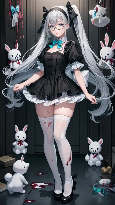 Tokyo ghoul style, woman, 22, Im wearing 2 pigtails on my long white wavy hair,  light blue bow accessory , white and baby blue  ****Tadres,  covered in blood splashes ,  White Knee High Socks ,  wearing 2 pigtails in the long white wavy hair of a toy rabb...