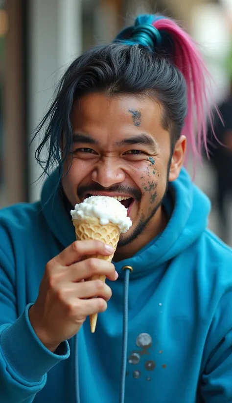 A realistic photoshot. A handsome chubby Malay men with long blue pink black hair, hair tied up in cyberpunk style, eating ice cream. A men chubby wears a blue matte WOK hoodie. Some of the ice cream had splashed on his face and shirt, making his face and ...