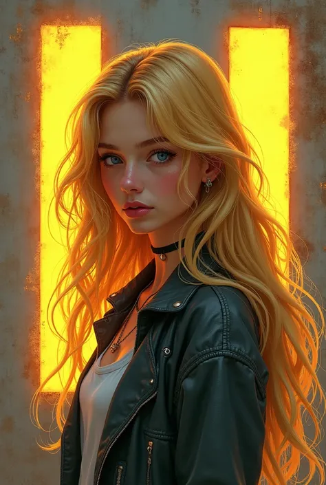  Hello can you create a girl with long golden blonde hair whose style is a bit grunge and a little bit of gaming vibe . Should look drawn and with a big glowing H in the background  