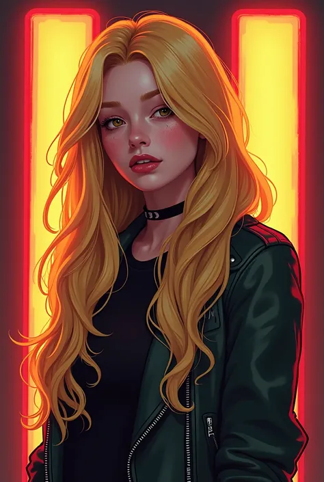  Hello can you create a girl with long golden blonde hair whose style is a bit grunge and a little bit of gaming vibe . Should look drawn and with a big glowing H in the background . Should definitely not look sexy