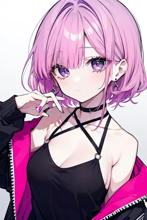 Beautiful woman with pink purple hair、 black camisole、Earrings