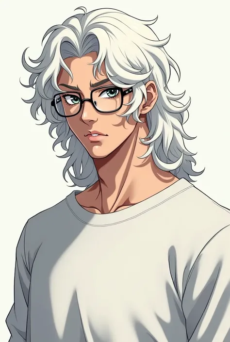 Serious Gangue anime style 

Korean man with long curly white hair mulet style who wears mouth piercing glasses and wearing a white sweatshirt with the physique of an 18-year-old who would have been  



Image from the trunk to the face