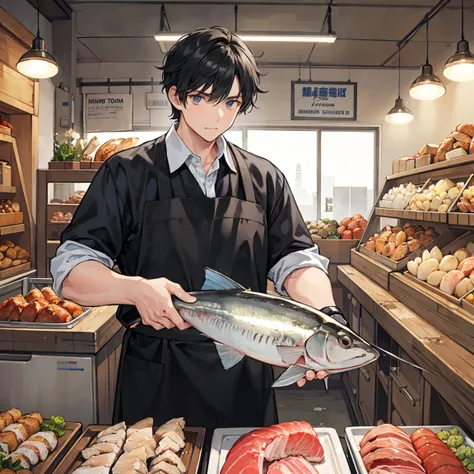 A man in a fishmonger with short black hair dissects large tuna about the size of a human with a saw