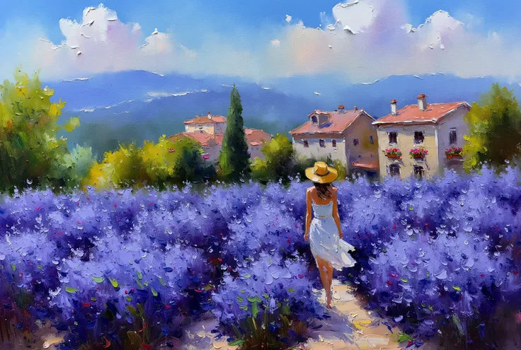  Painting made with a spatula , FIRST WORK, Lavender field in Tuscany , young woman in a hat walking in a lavender field on a sunny afternoon, hair in the wind,  in the background hills and typical houses of the region with flowers in flower boxes .