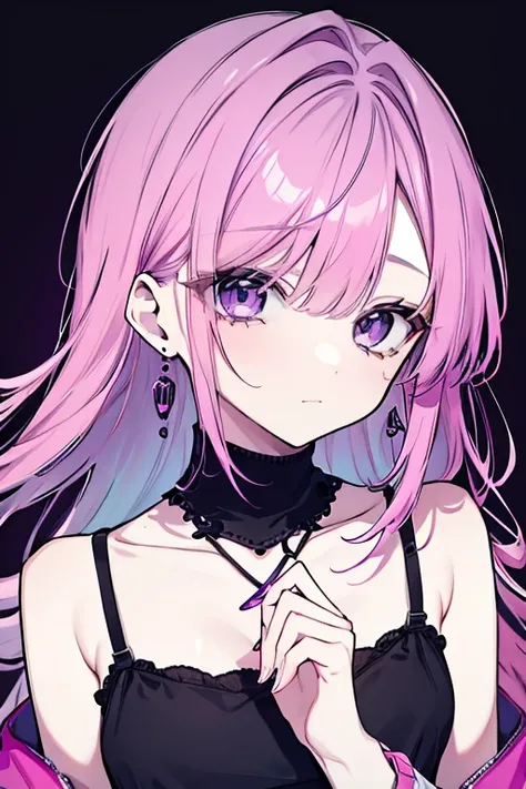 Beautiful woman with pink purple hair、 black camisole、Earrings