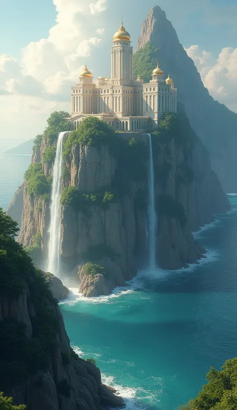 
“Create a breathtaking scene of a massive and beautiful mountain rising from the middle of the ocean, with a magnificent palace perched atop it. The mountain itself is rugged and steep, with verdant greenery growing along its slopes, and the peaks reachin...