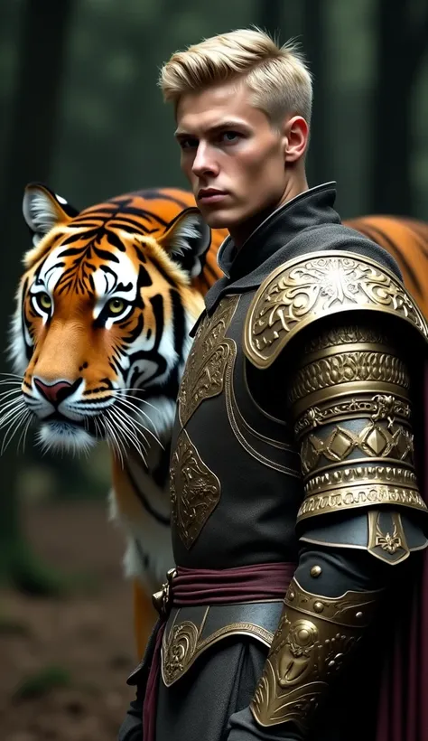 "A young man with a stern face, neatly styled golden blonde hair, wearing medieval style armor with intricate gold carvings. He was standing next to a large Bengal tiger that looked fierce yet calm. The tiger had orange fur with a black striped pattern sha...