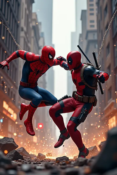 Spiderman and Deadpool fighting epic