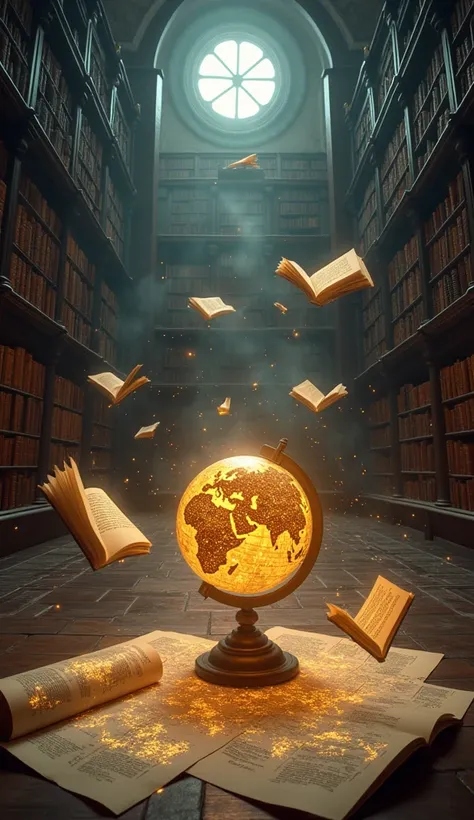 A mystical scene set in an ancient library with towering bookshelves and a glowing globe at the center. Books float gently in the air, their pages flipping as if moved by an unseen force. Maps roll out mid-air, glowing with golden lines that form outlines ...