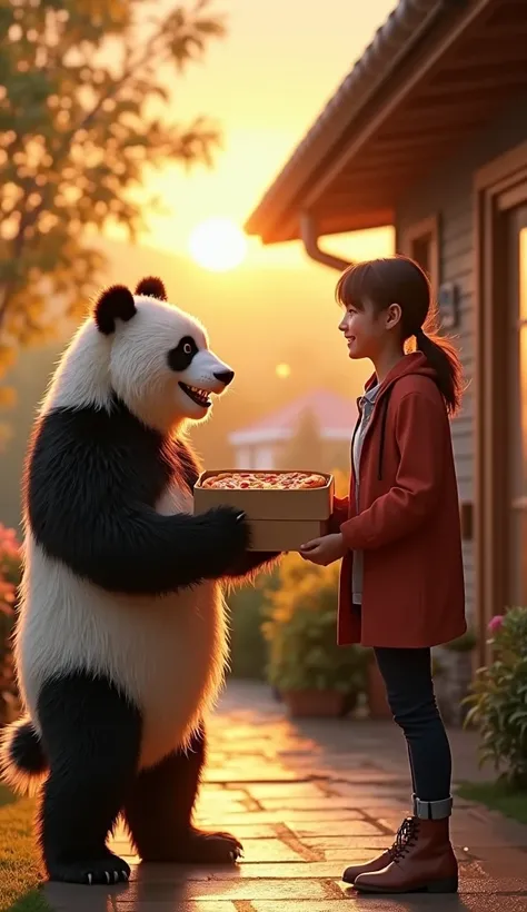 A realistic panda handing a pizza box to a smiling  at the doorstep of a warm, inviting house. The setting sun casts a golden glow, and the panda’s wet fur reflects its dedication.