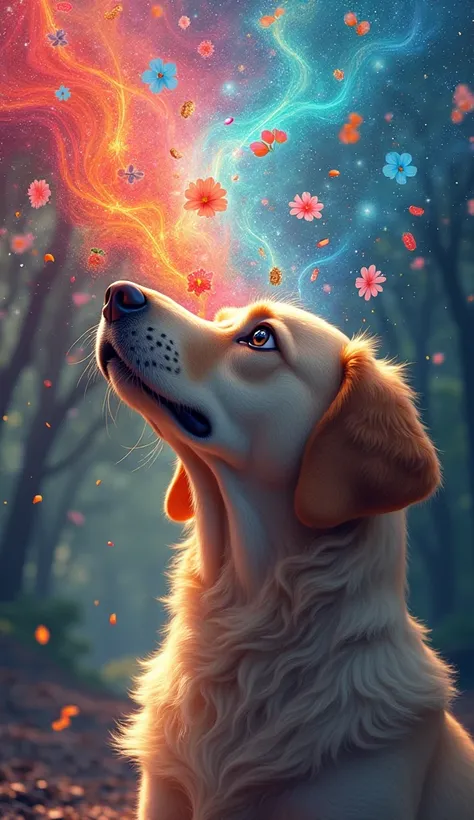  A dog with a bright snout emitting colorful waves that represent smells ,  each wave containing symbolic elements such as flowers , food, and traces of footprints ,  in a magical and vibrant environment .  The dog has an expression of concentration ,  wit...