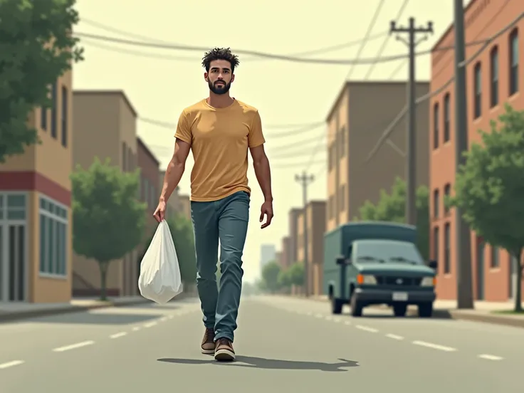 flat:  - angle :  in front of the character - Character : Jhonny - American Jhonny ,  with a plastic bag in his hand ,  walks - in the background you can see a black minivan and the desolate street