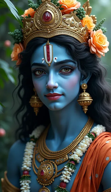 (photorealism:1.2), beautiful realistic image of lord krishna , soft lighting, plants in background,  realistic, intricate details, warm colors, blue skin tone