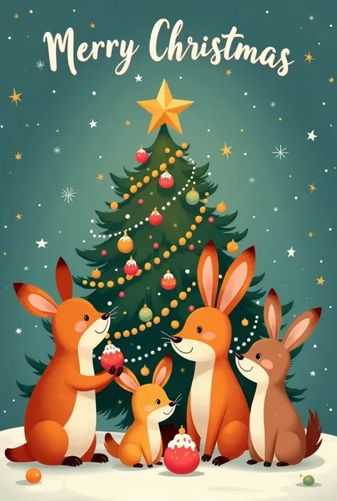  A Christmas card FROM TWO FRIENDS with the phrase " Merry Christmas "   feminine and charming style .  Five of the animals must have feminine characteristics ,   around a decorated Christmas tree , enjoying MANGOOOOOOOOOOOOOOOOOOS .  The scene must convey...