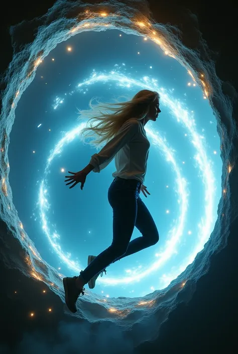 A cinematic side-view depiction of an 18-year-old blonde-haired woman being pulled into a glowing, swirling portal. She has long, flowing blonde hair and is wearing modern casual clothing, such as a fitted blouse and jeans. The woman is mid-air, with her b...