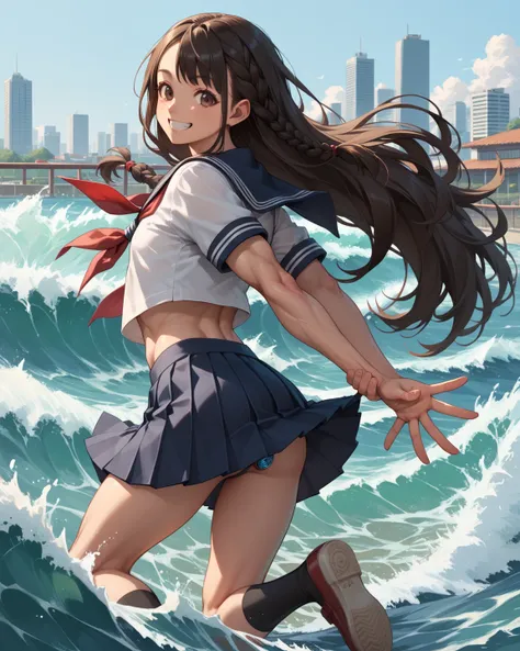 1 person,black braid long hair,brown eye,japanese,muscular,flat chest,looking back,smile,joy,sailor school uniform,runnning,wave hand,city,up skirt,(analplug:1.1)