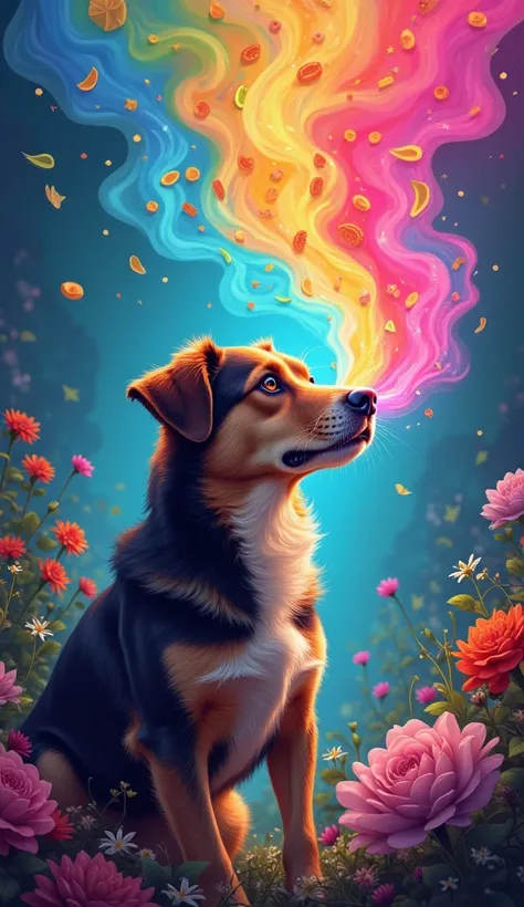  A dog with a bright snout emitting colorful waves that represent smells ,  each wave containing symbolic elements such as flowers , food, and traces of footprints ,  in a magical and vibrant environment .  The dog has an expression of concentration ,  wit...