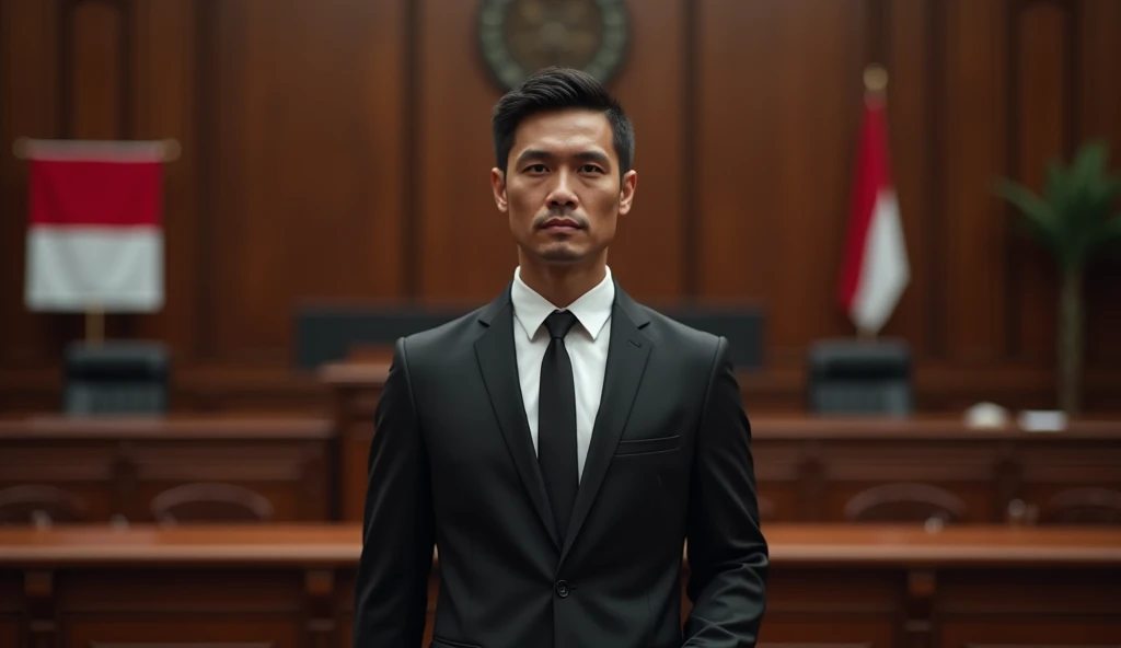 An Indonesian lawyer standing confidently in a courtroom, wearing a formal black suit, a white dress shirt, and a neatly tied tie. His serious expression conveys focus and determination as he addresses the judges bench. The background includes a polished w...