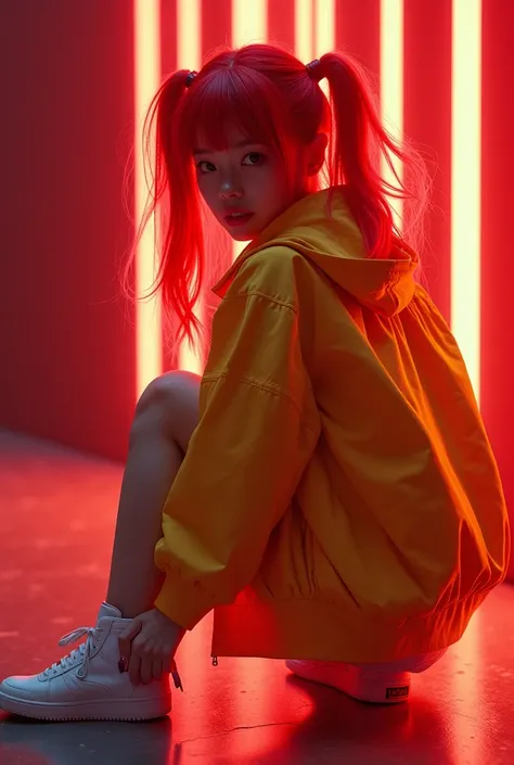 Cybepunk, beautiful korean woman cyberpunk style, red hair with 2 ponytail, yellow jacket, short pant, white shoes. best aesthetic appearance, dazzling light rays with red colors in the background, Dark and scary world, , ray tracing, high detail, Afterima...