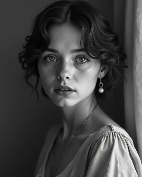  create a character IDENTICAL to this girl in the photo a bit of the 1900s and in black and white.  must be totally realistic ,  as if she were really human . ( about 30 / 40 years old and a little more in the flesh , Not much )