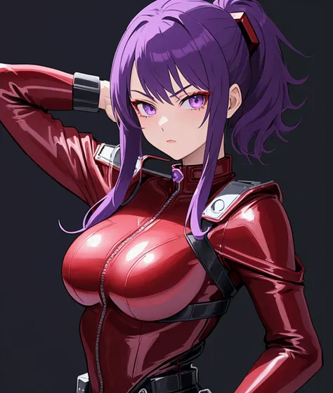 1girl, beautiful anime fighter girl, red and black leather catsuit, dark green shoulder pads, highly skilled cool ace pilot, shoulder-length purple hair, purple eyes, masterpiece, sci-fi setting
