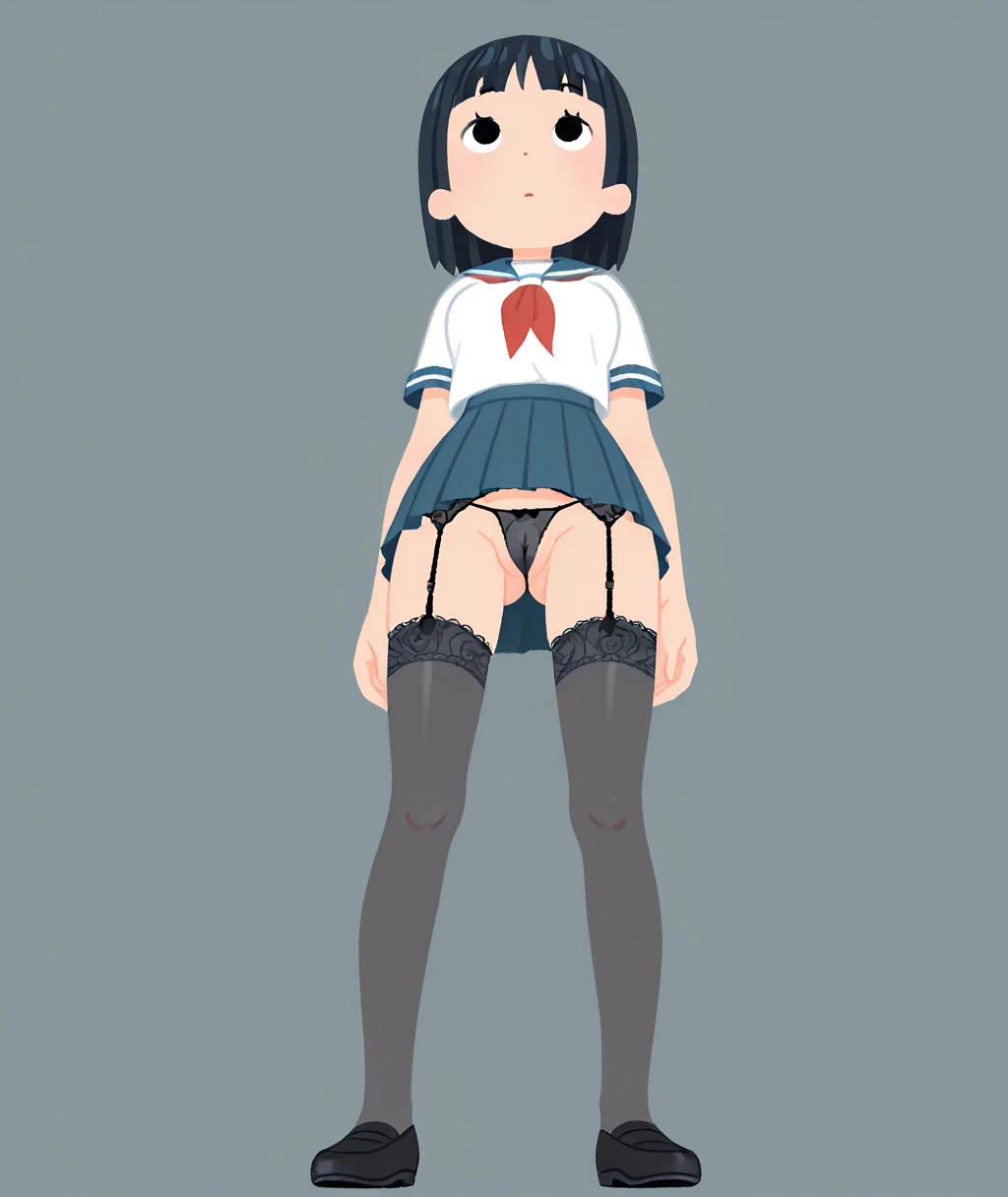 highres, masterpiece, newest, original, general, masterpiece, vector graphic, irasutoya,
cuteg, cartoonized, simple background, gray background, 
(from below:1.2), full body, 
1girl, (solo:1.3), beautiful, black eyes, dot eyes, empty eyes, look up,
slim wa...