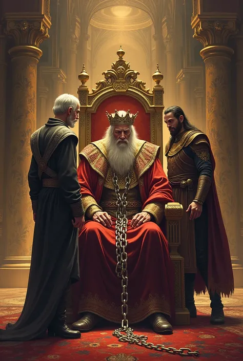 King chained to his throne ,  with an elderly wizard and a hero Pelon